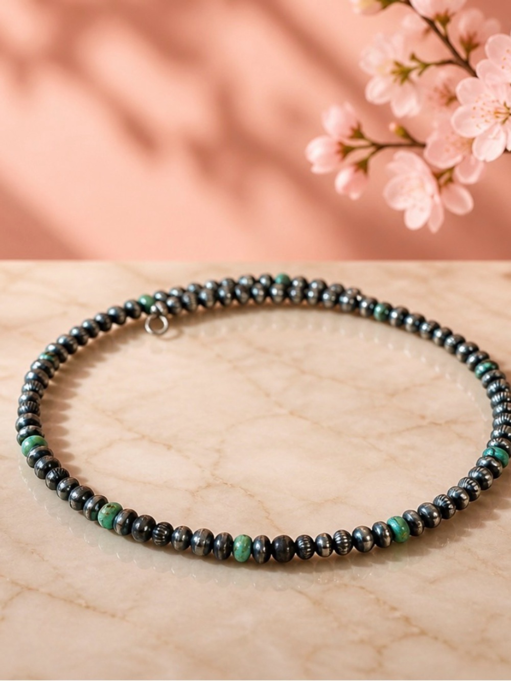 Handcrafted Turquoise & Sterling Silver Beaded Wrap Choker Necklace